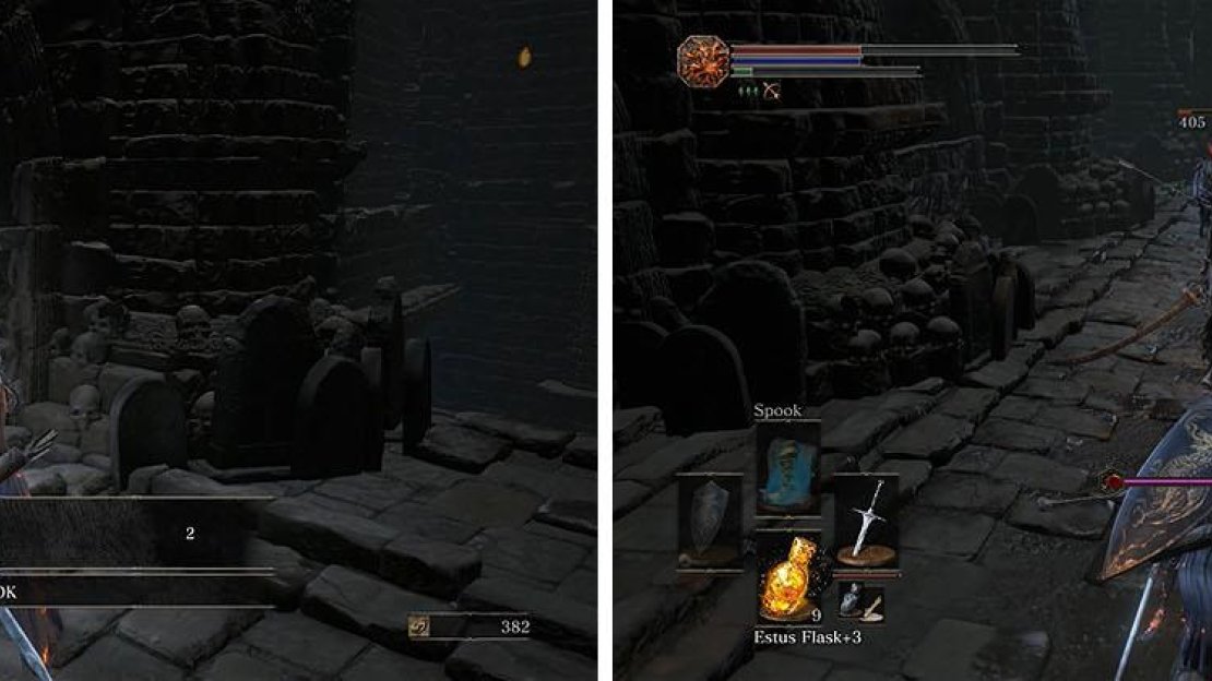 Grab the Carthus Rouge in the corner and then fight the Skeleton Swordsman.