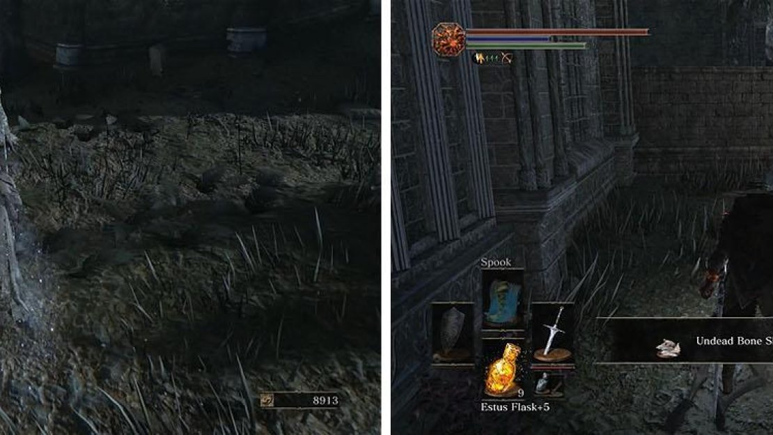 Look for the Irithyllian Slaves white eyes in the graveyard (left). Make sure to grab the Undead Bone Shard behind the tombstone (right).