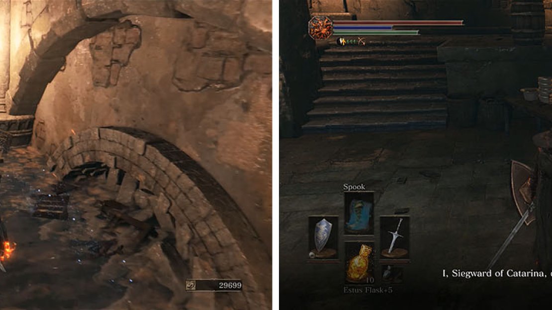 Don’t miss the ashes at the base of the stairs to the kitchen (left) and make sure to exhaust Siegward’s dialogue (right).