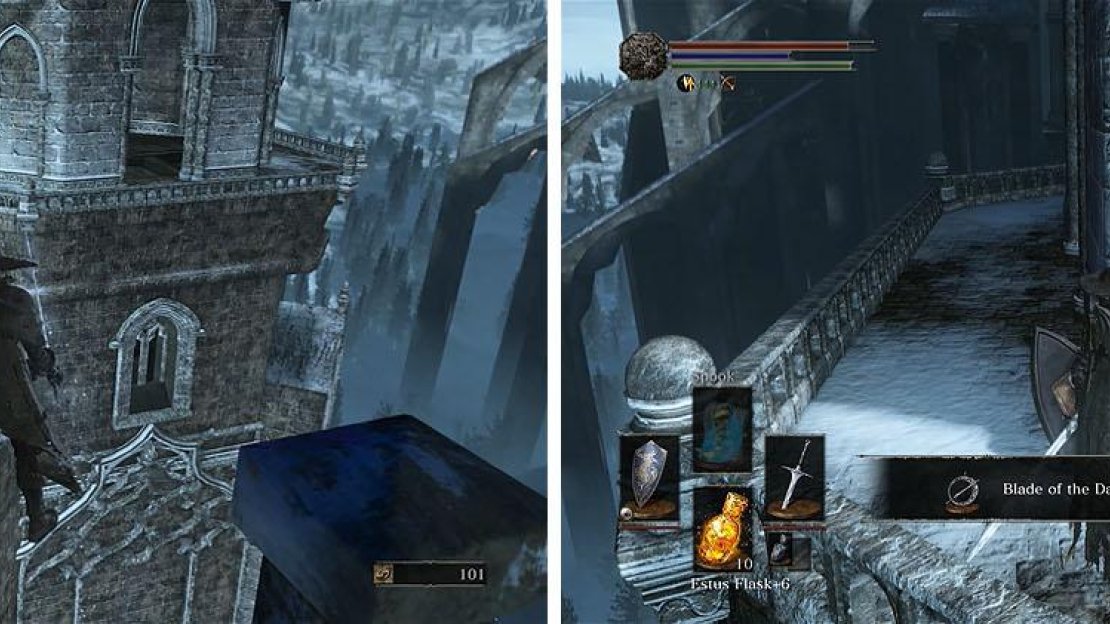 Cross the invisible bridge to find and join the Blade of the Darkmoon covenant.