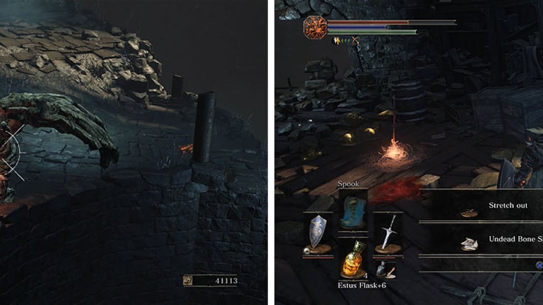 A Stone Gargoyle blocks your path to the Profaned Capital (left) and inside is an Undead Bone Shard (right).