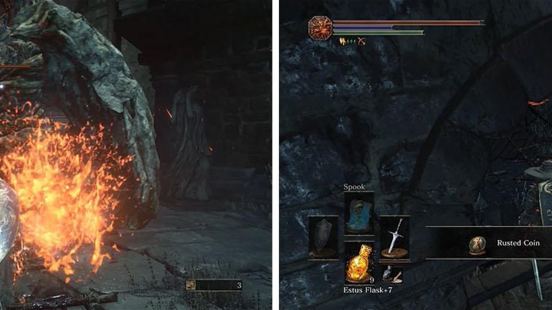 Defeat another Stone Gargoyle outside the statue (left) and then climb a ladder to grab the Rusted Coin in the window (right).