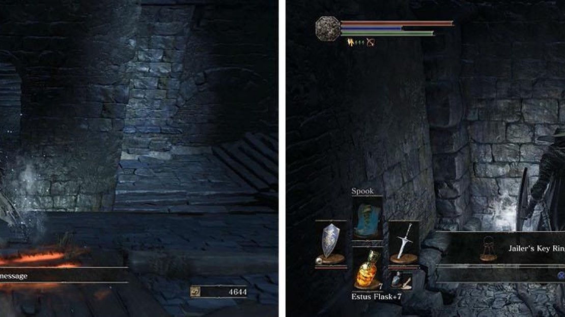 Don’t miss the window that leads to Siegward (left) and the Jailer’s Key Ring to release Karla in Irithyll Dungeon (right).