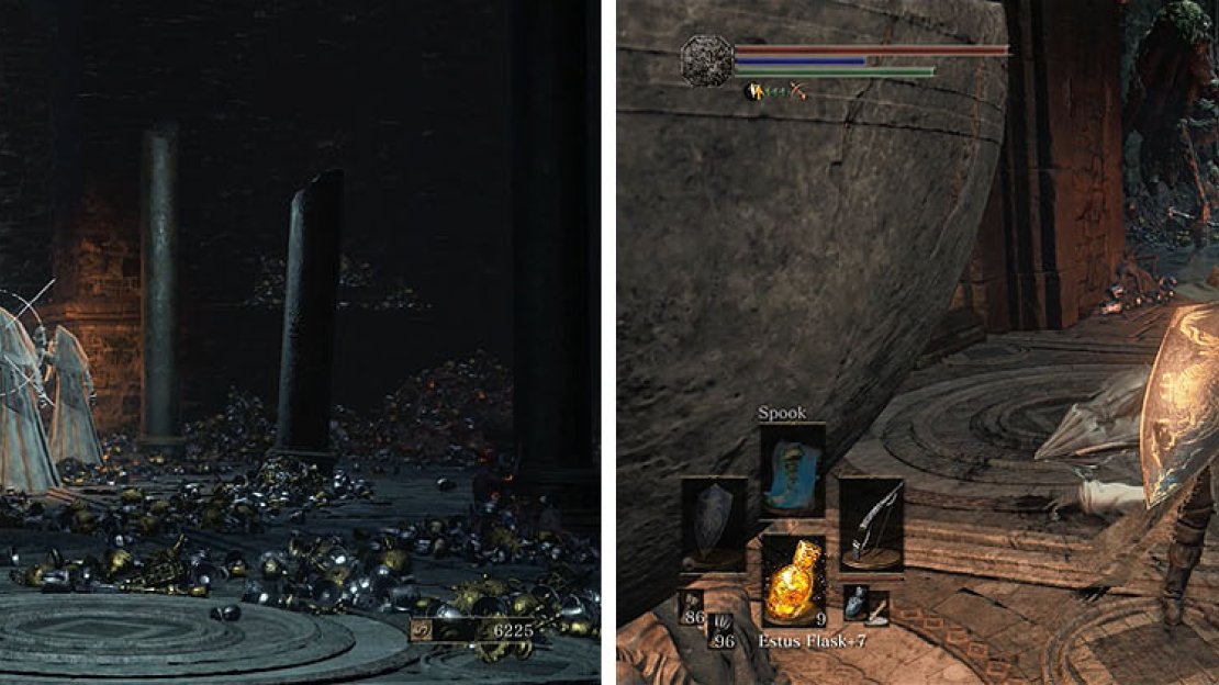 Pull the Jailer Handmaids with ranged attacks (left) and then retreat to the exit to fight off the Stone Gargoyles (right).