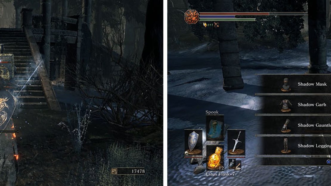 Lure the Cathedral Knight down the stairs (left) and then check beneath the platform for a handful of items (right).