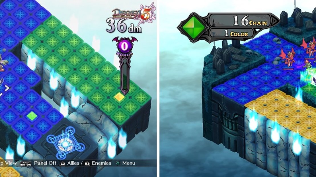 Geo Symbols have a variety of effects, some good and some bad (left). Destroying a symbol can sometimes cause a chain (right), which can be beneficial on many levels.