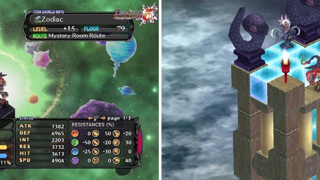 That’s certainly a lot of Prinnies (left). Climb to the top of the tower for a chance at duplicating the item you’re currently inside (right).