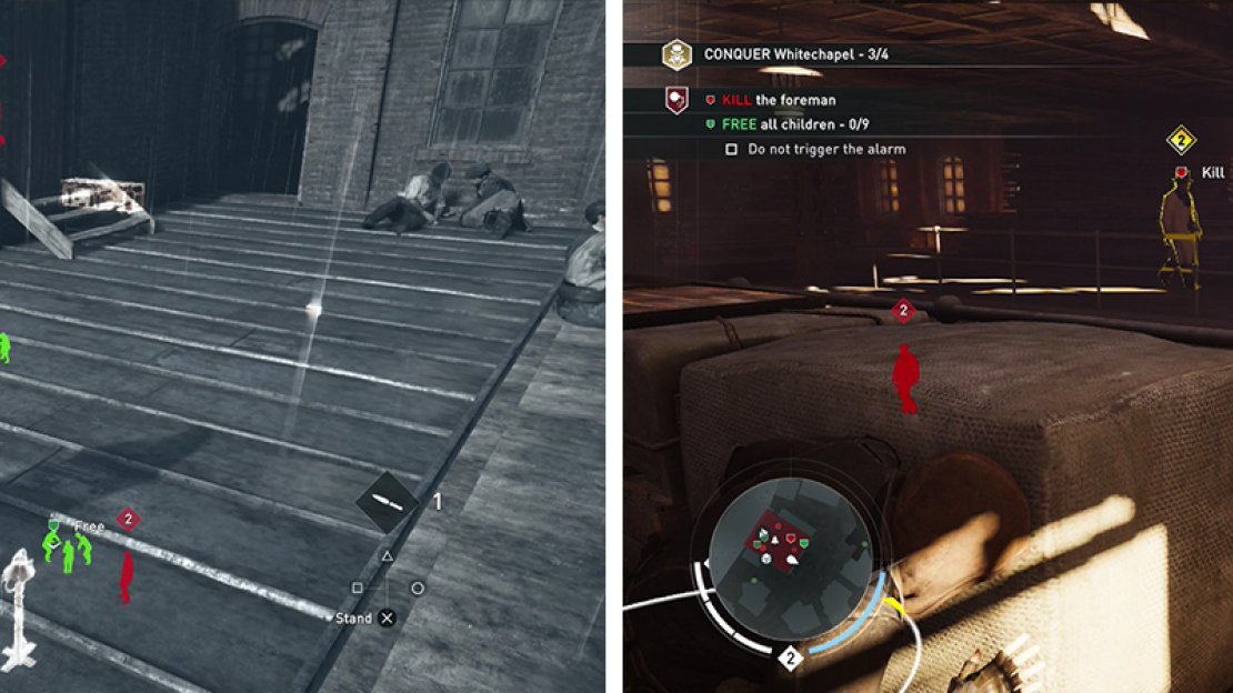 The roof is a good entry point and allows you to tag most enemies as well (left). Enter the building and kill the foreman (right).