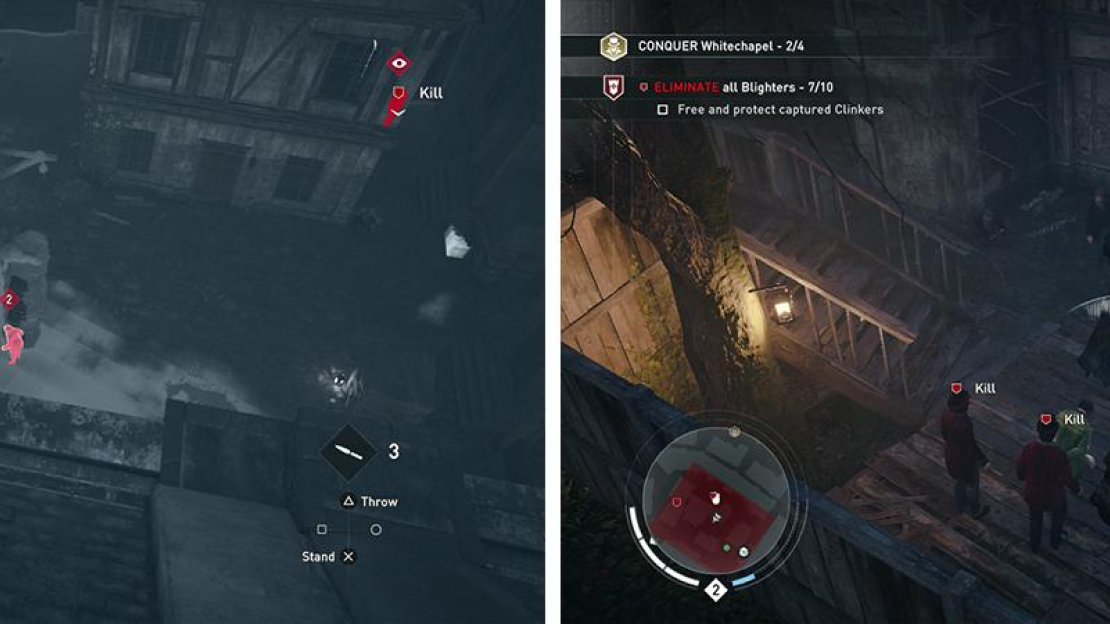 Use Eagle Vision to locate the enemies (left). The Clinker can be found on the southern side of the area (right).