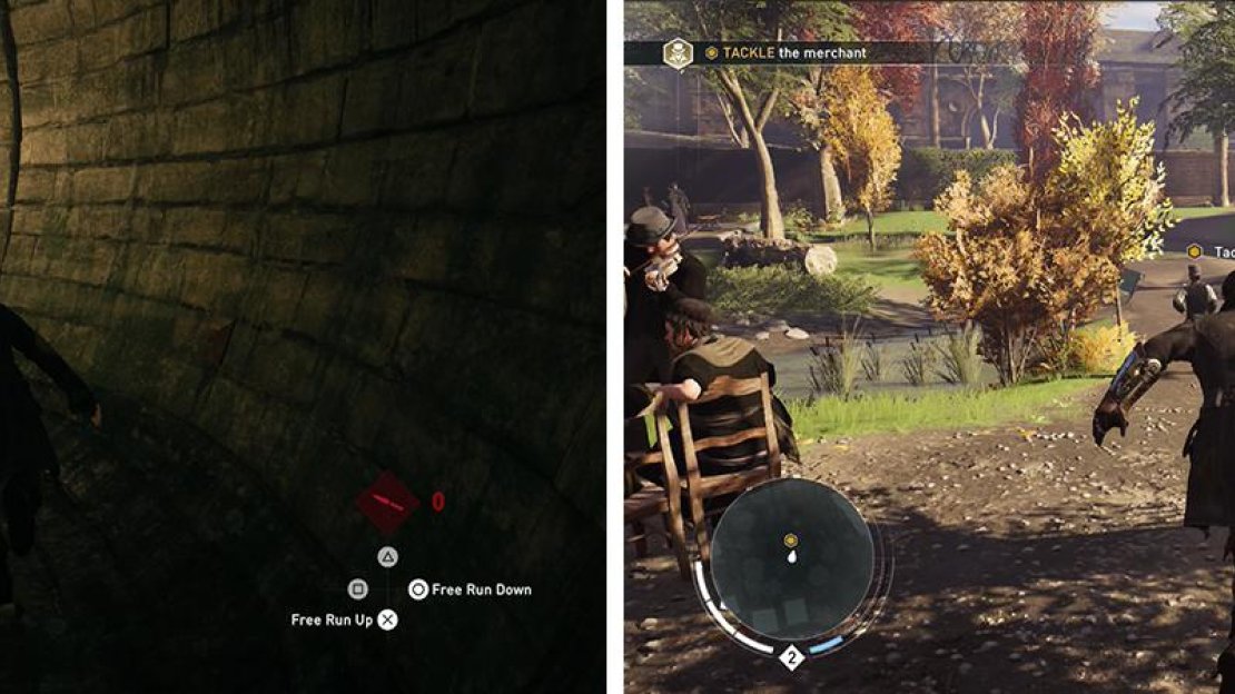 Chase the target through the sewer (left) and tackle him when you catch him in the park (right).