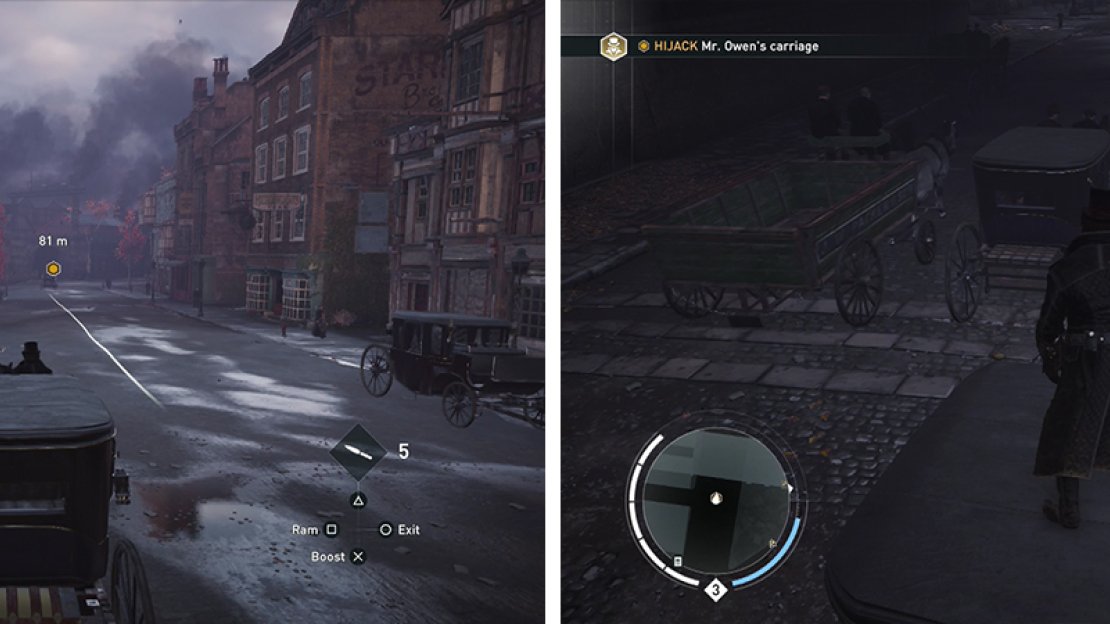 Chase after the target (left) and then jump across and hijaclk the carriage (right).