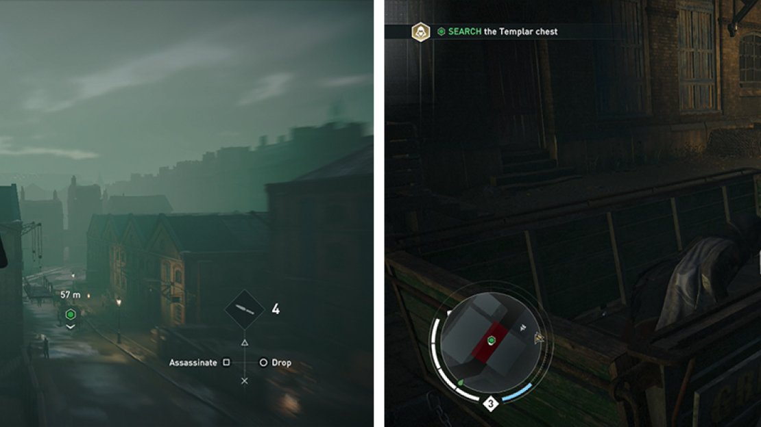 Zipline down to the building above the crate (left) and then enter the cart with the crate (right) when it is safe to do so.