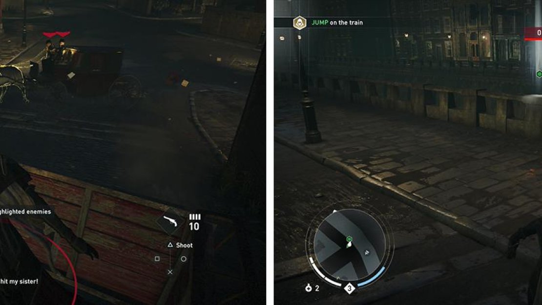 During the chase, shoot the horses (left) to take out enemies quicker. At the end of the chase, exit the cart and reach the marker (right)