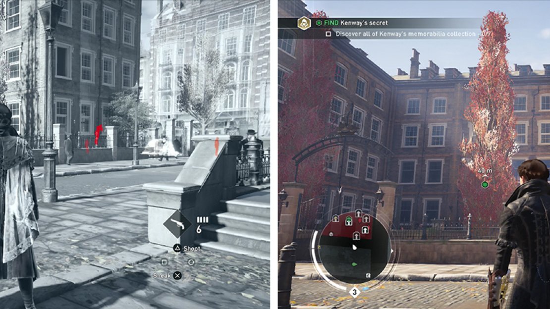 Use Eagle Vision to inspect the ship above the gate (left). Infiltrate the building via the open window right of the gate (right).