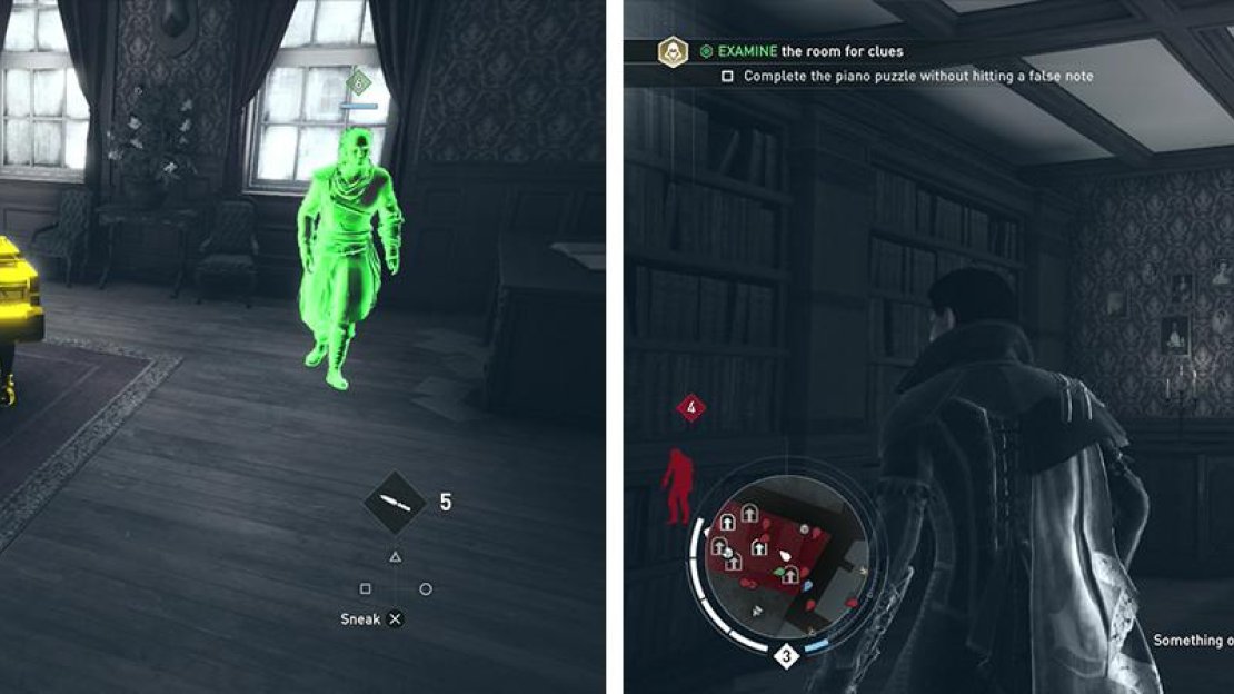 Use the piano (left) with the code on the wall (right) to open a hidden passage.