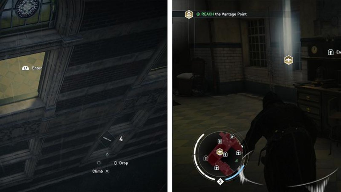 Enter the Asylum (left) and make your way to the viewpoint (right) to identify opportunities.