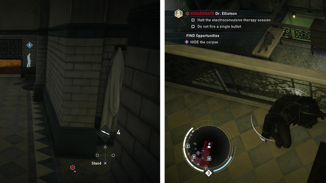 Go through the open grating near the view point (left). At the end of the hallway, assassinate the pair of doctors electrifying the patient (right).