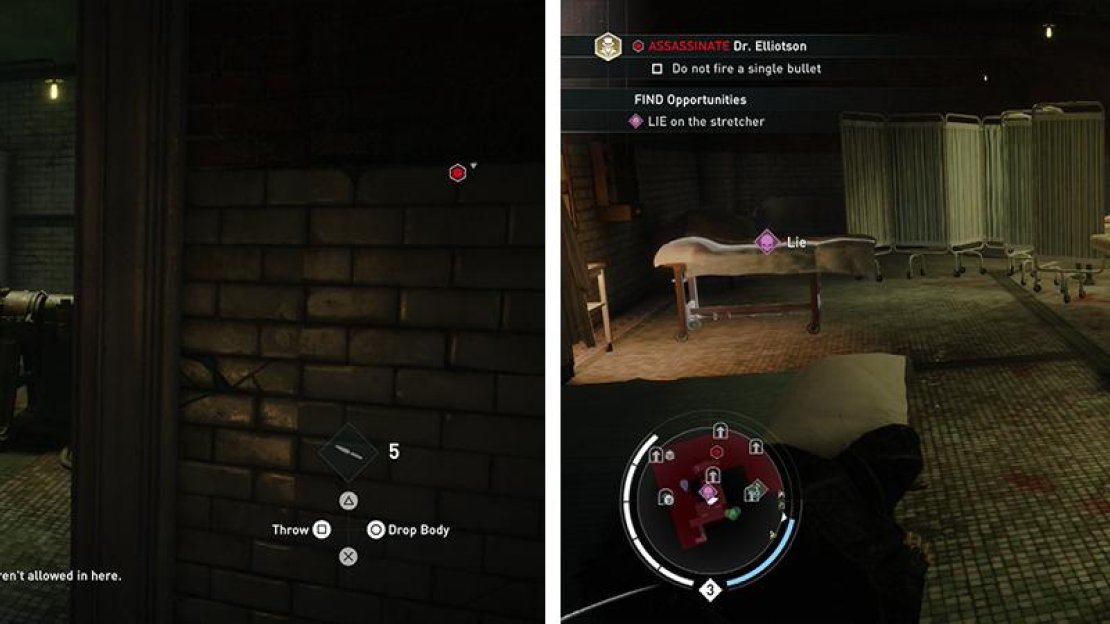Take and hide the body from the morgue (left) and then take its place on the table (right).