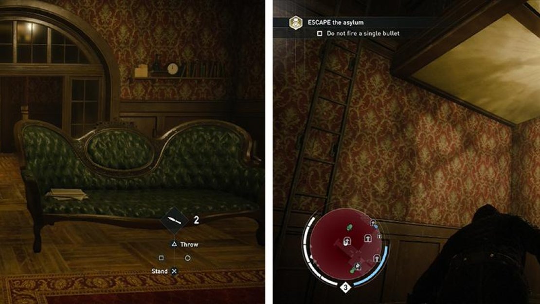 After killing the target, sneak back out of the area (left) until you reach one of the exits (right).