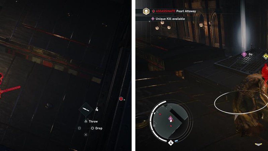 Clear the train tops near the target (left) and approach the objective marker from obtaining the plans from the Security Chief (right) to trigger an assassination.