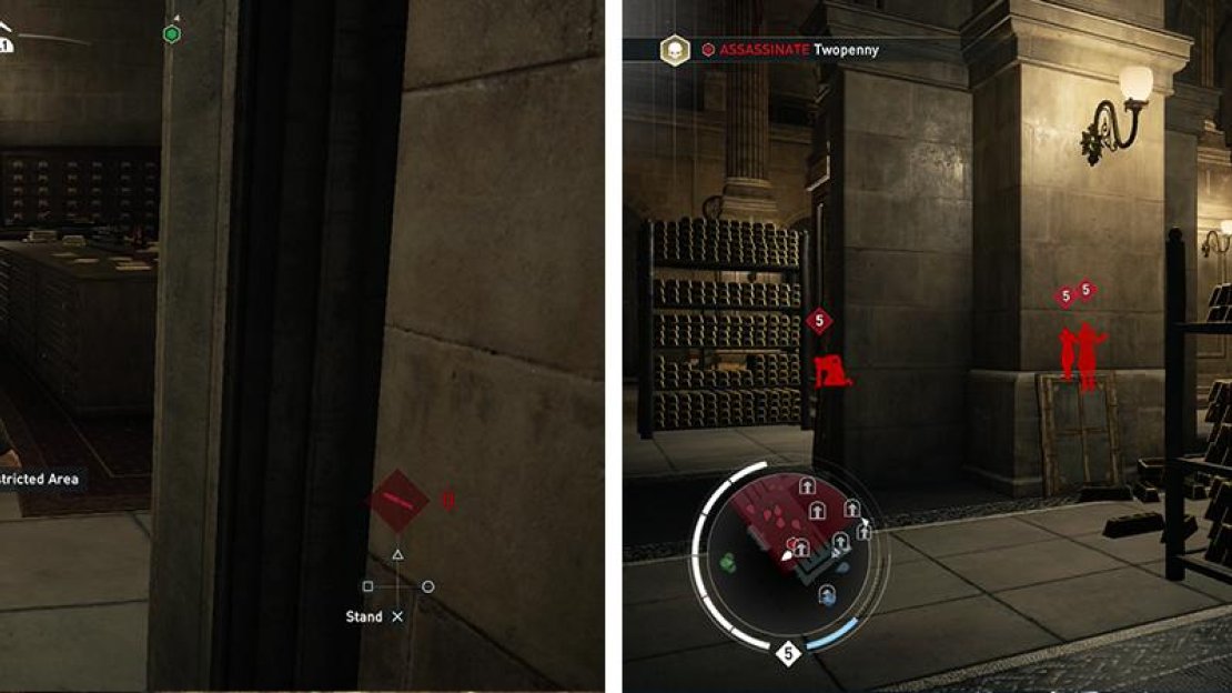 Continue through the secret passage until you reach the vault (left). Whistle the target over when he gets in range for a corner assassination (right).