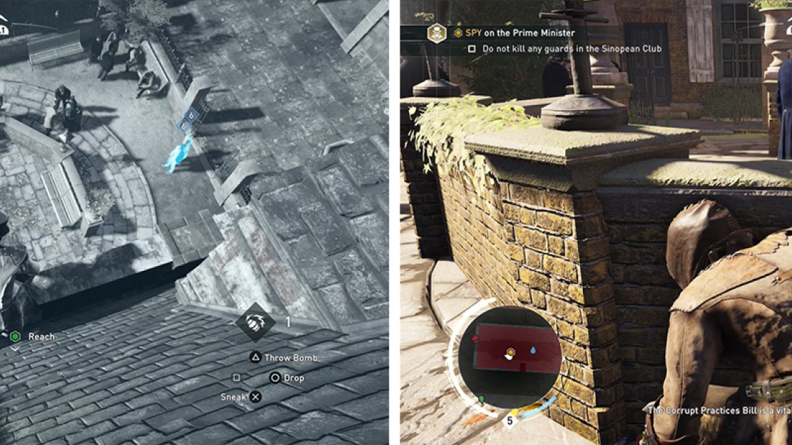 Drop down into the courtyard at the objective marker (left). Use the half wall to eavesdrop on the conversation (right).