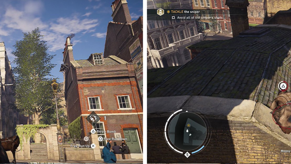 Climb to the nearby rooftop (left) to chase the Sniper. Be sure to hit the button prompt to avoid the shots (right) during the chase.