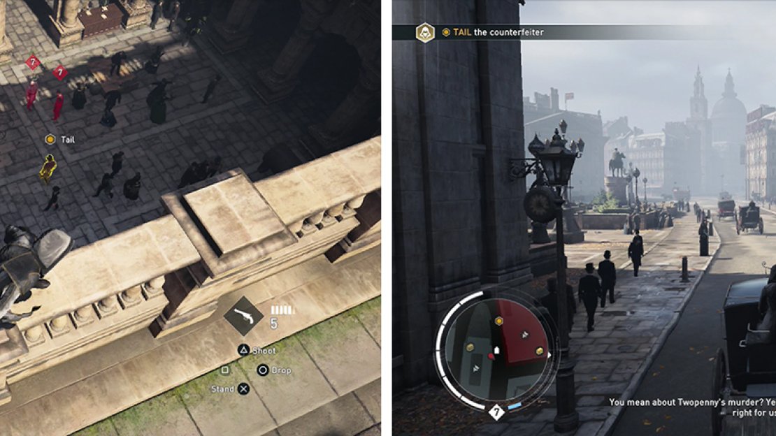 Follow the target from above (left). Be sure to grab a carriage of your own when he drives off though (right).