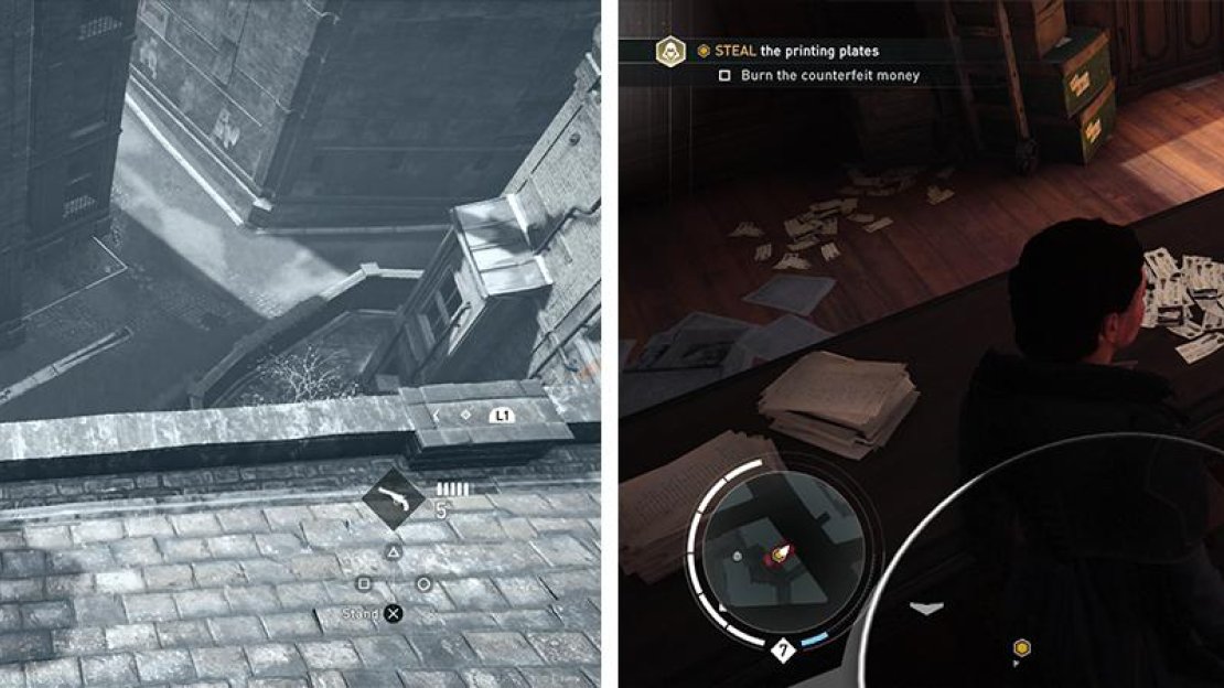 There are plenty of enemies guarding the plates (left) so its easier to enter via the window. Once inside, be sure to burn the fake money (right) before leaving.