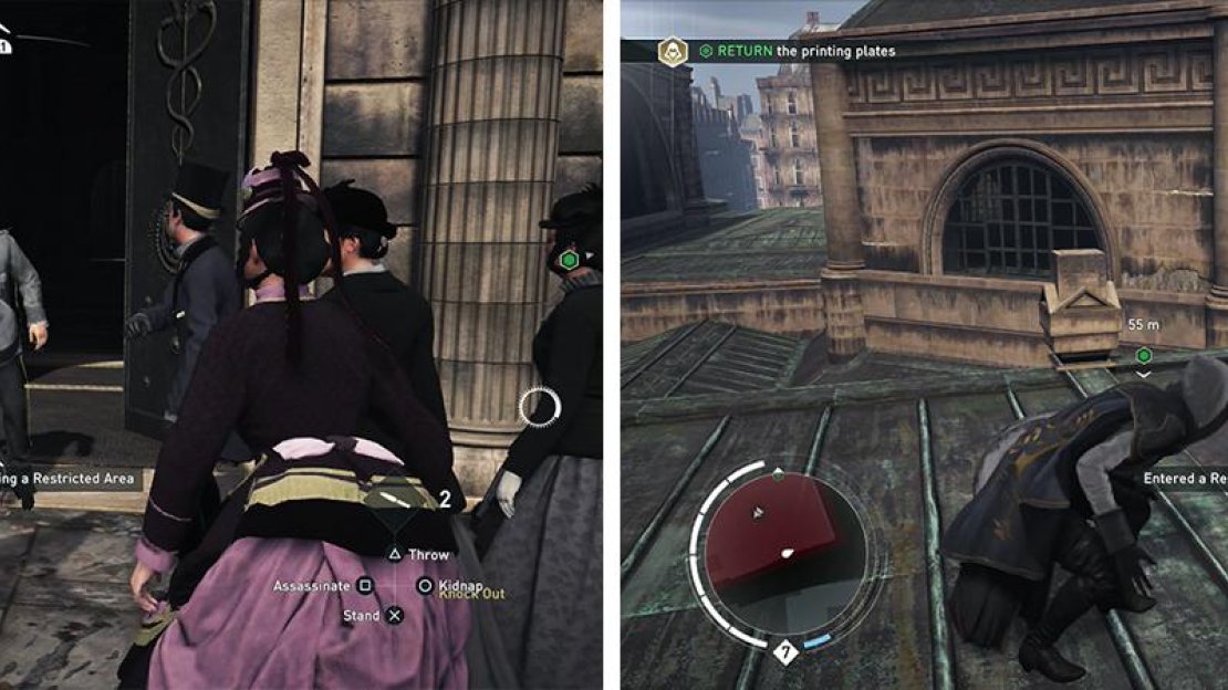 Knock out the policeman at the door (left) for the optional objective. The southern rooftop entrance (right) is the easiest way into the target area.