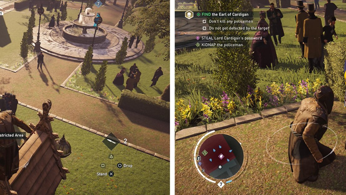 The password can be found on the eastern side of the courtyard (left). Follow the target until he is isolated (right) and pickpocket the password from him.