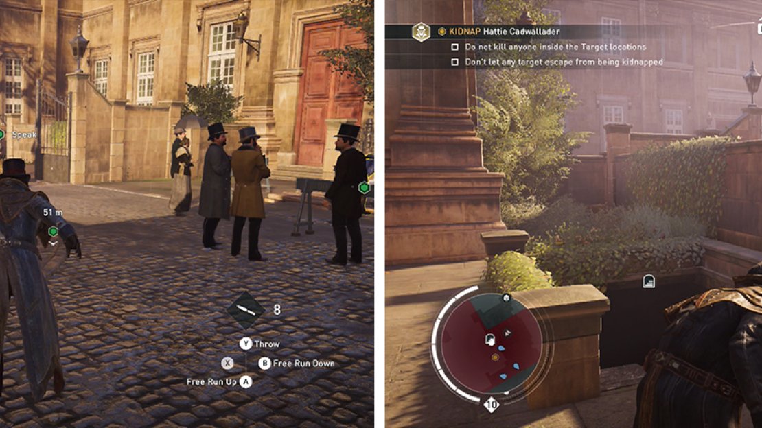 Enter the search area (left) and find the stairs leading to the sewers (right).