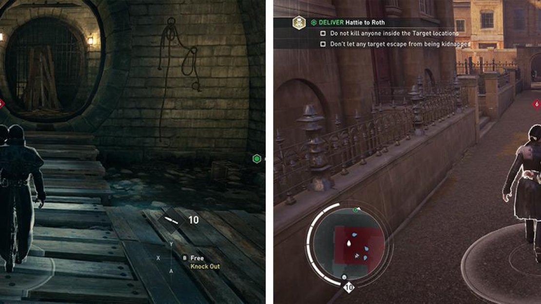 Once you have the target, escort her through the sewers (left) and past the police across the courtyard (right).
