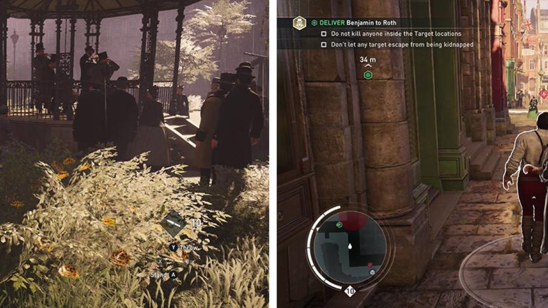 Kidnap the target when he approaches the gazebo (left). Escort him out of the park and along the road, avoiding the hostile carriages (right).