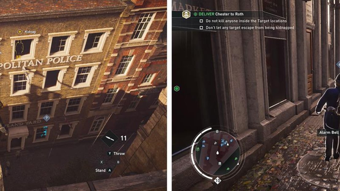 The final target is on the top floor of the building pictured (left). Escort him to ground level and through the policemen (right) to the exit.