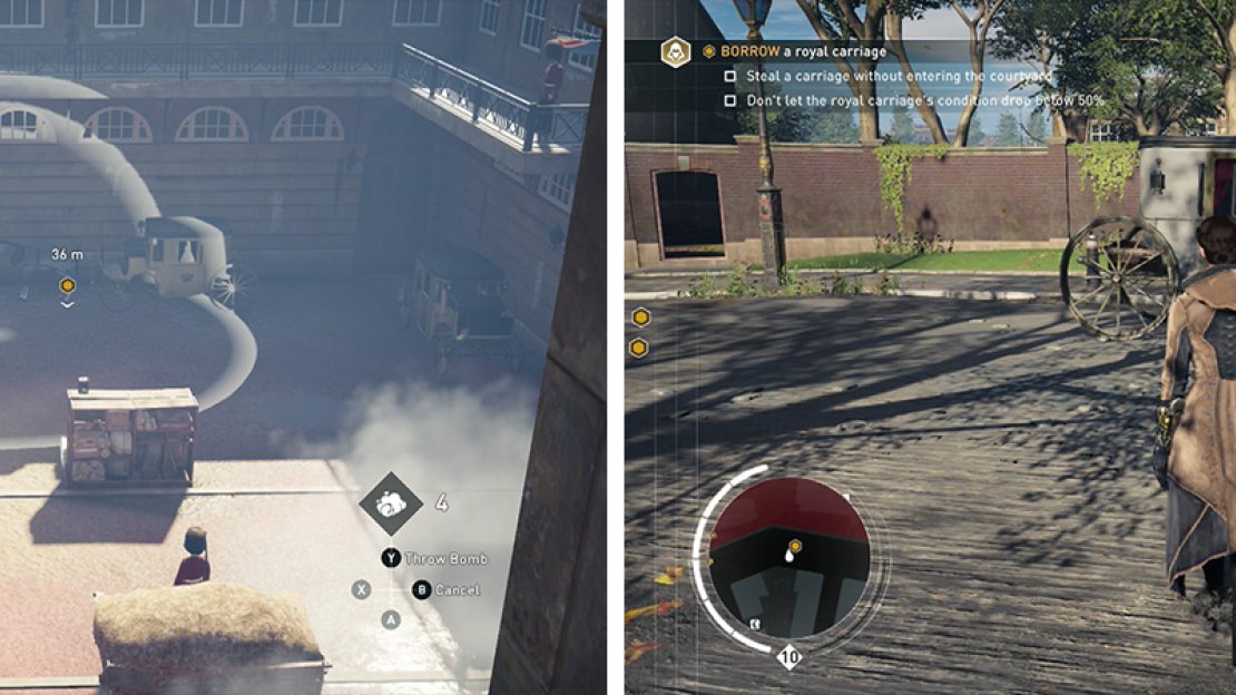 Use a smoke bomb to spook the horses (left) and hijack one of the carriages when it reaches the road (right).