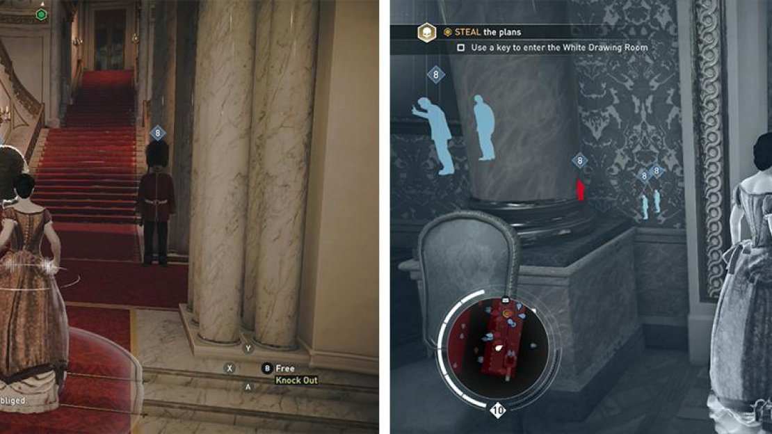 Use a royal guard to get up the stairs inside (left). Make a run for the target door when nobody is looking (right).