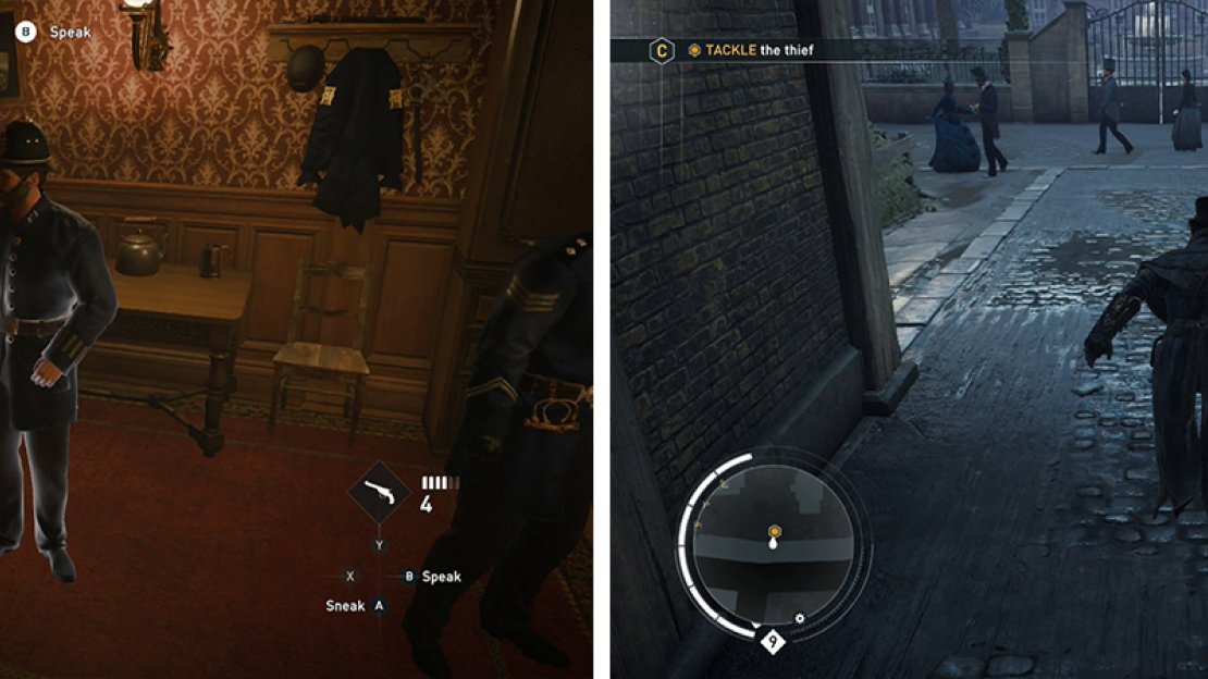 Speak with the policeman (left). Chase down and tackle the thief (right).