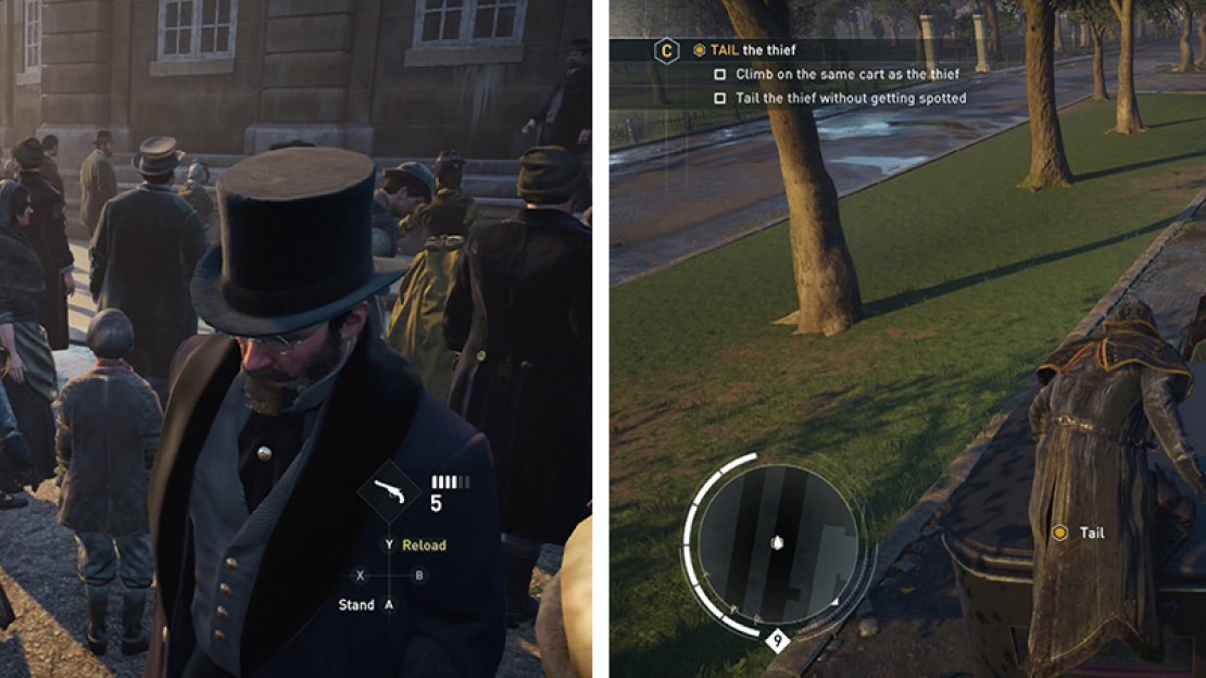 Tail the target through the crowd (left). Hop onto the carriage that he gets into (right) for the optional objective.