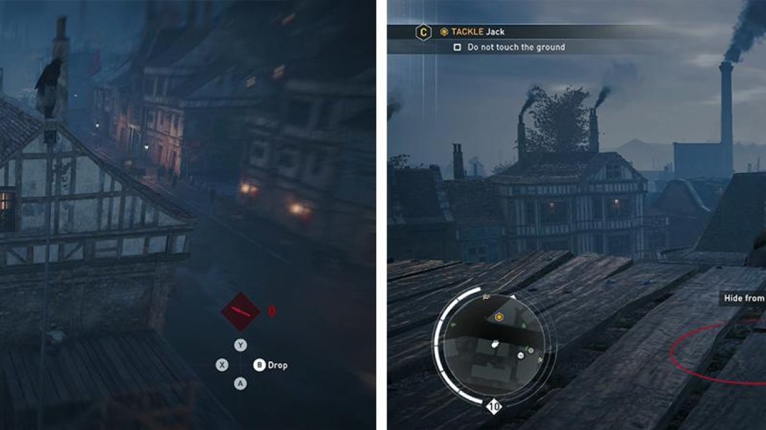 Use the Rope Launcher to stay off the ground (left). When you see the button prompt appear, dodge the incoming fire (right).