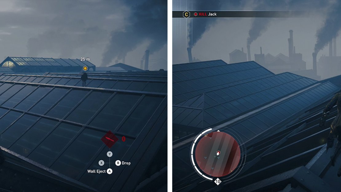 Once you reach the roof of the train station (left) the target will turn and fight you (right).