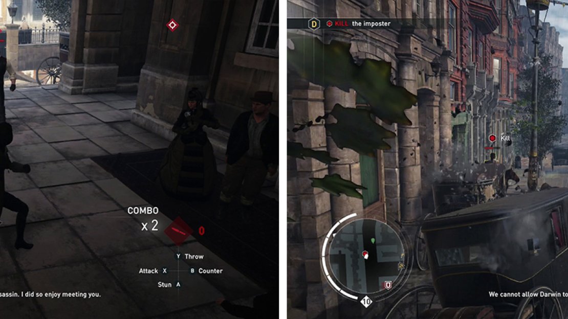 As soon as you exit the station you’ll be attacked (left). Grab a carriage and chase down and kill the target (right).