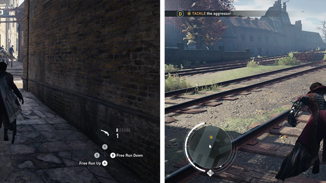 Chase the target through the alleys and streets (left). Tackle him on the train tracks (right) to complete the memory.