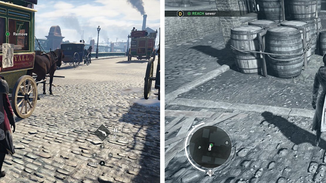 After nabbing the final poster from the carriage (left). Follow the target until you reach the tunnel (right).