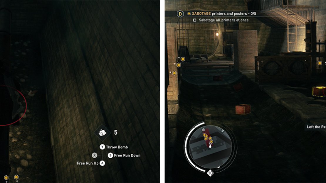 Kill the enemies in the printing room (left). Organise the dynamite crates so that all five printers can be sabotaged at once (right).