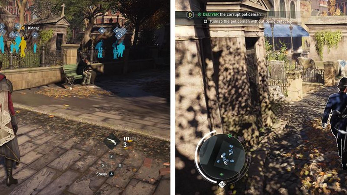 Grab the policeman is in the southwest corner of the area (left). Once you have him, escort him from the area (right).