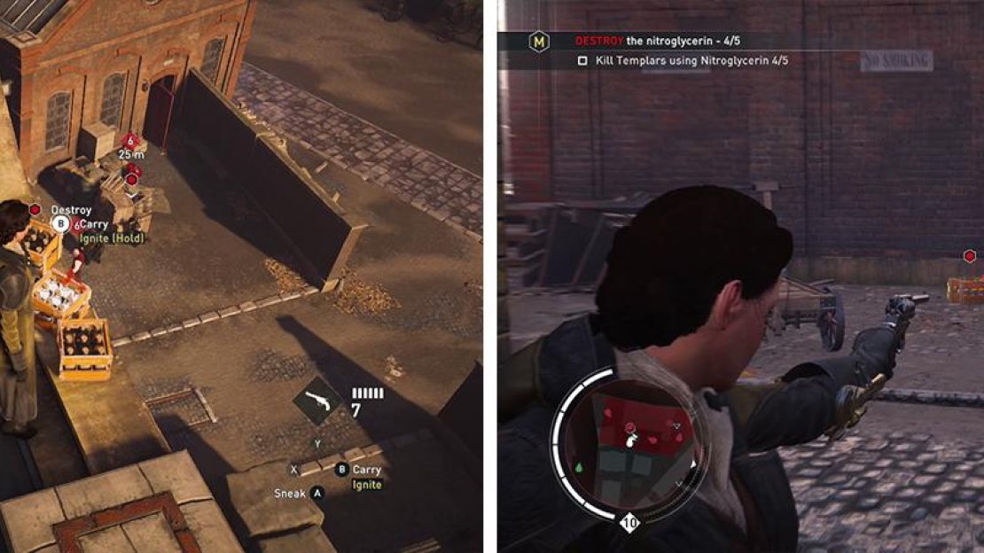 Use the dynamite on the rooftop to kill enemies in the courtyard below (left). You can also shoot the dynamite crates to blow them up (right).