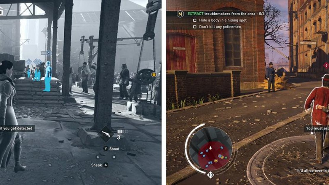 There are four targets in the area (left). We’ll need to grab one at a time and escort them from the area (right).
