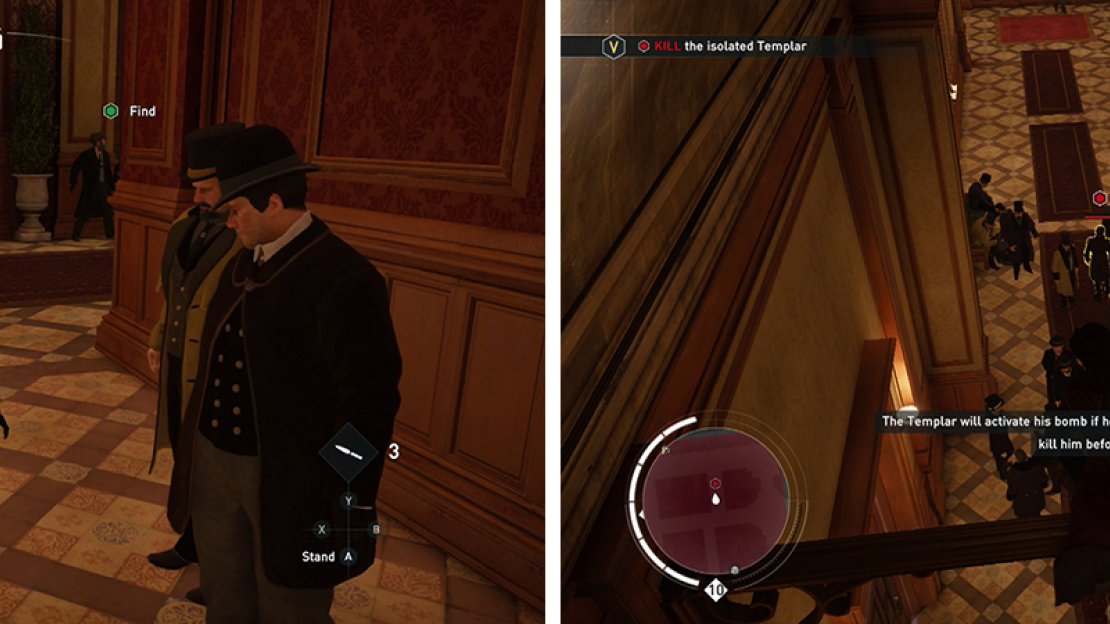 Speak to the agent inside the building (left). Kill the first Templar from above (right).