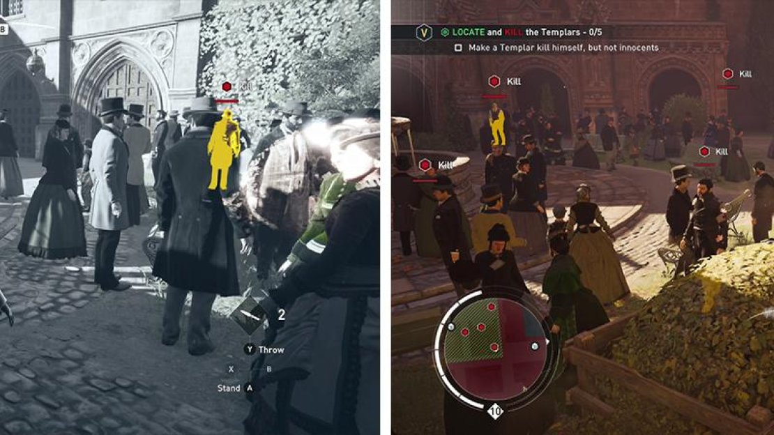 There are two Templars int he outdoor courtyard (left). Kill the first from a haystack (right).